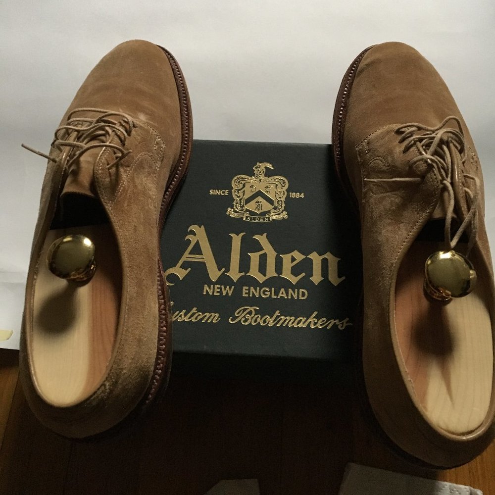 Alden men's 9.5D suede snuff (tan) plain toe derby shoe
